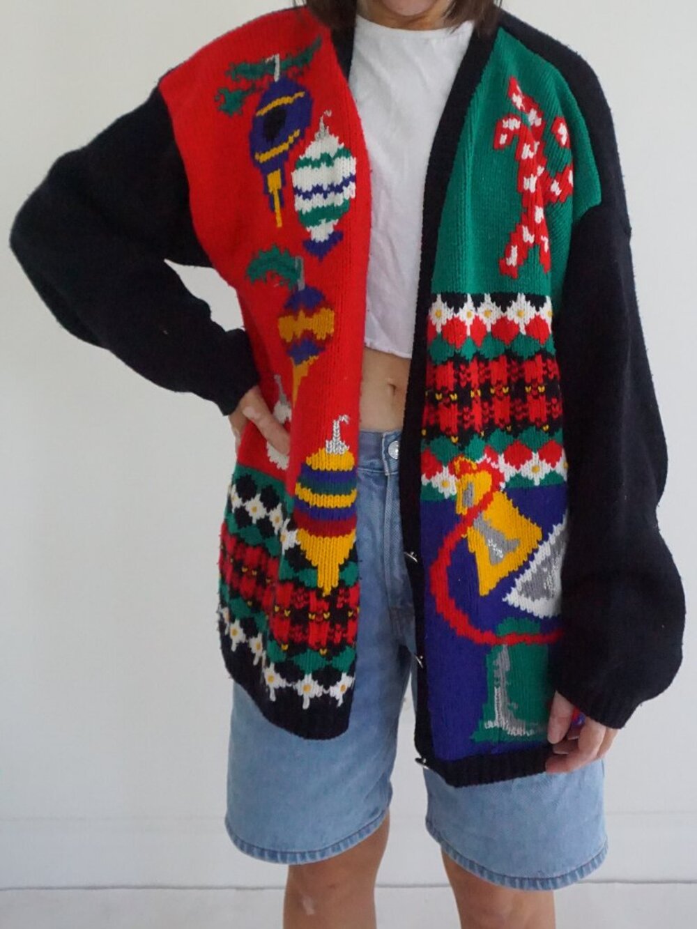 Vintage Karen Scott Black Knit Ornament Candle Bell Ugly Christmas Cardigan L